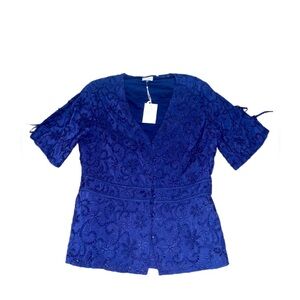 NWT Ecru Navy Blue Eyelet Women Top- Smal